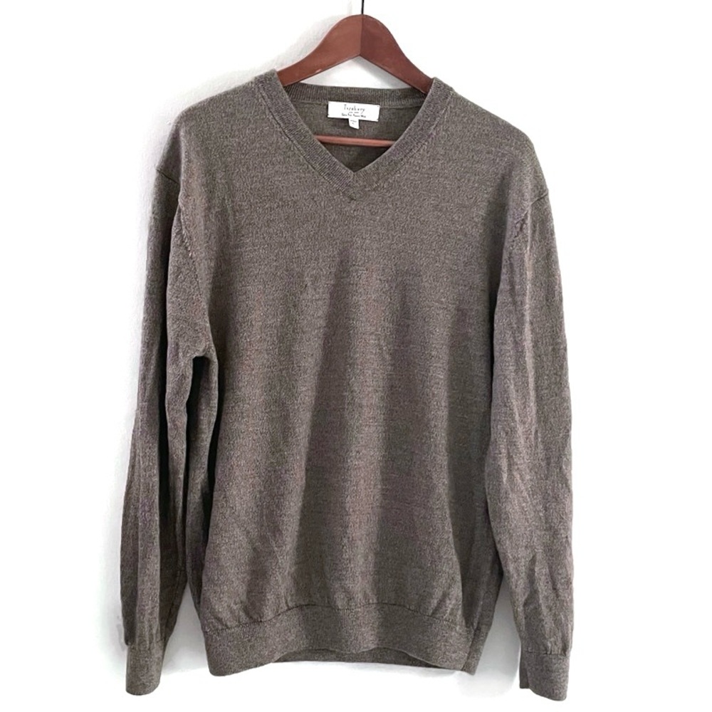 100% Extra Fine Merino Wool Knit Sweater V-Neck Gray Brown Turnbury, L - Picture 1 of 16
